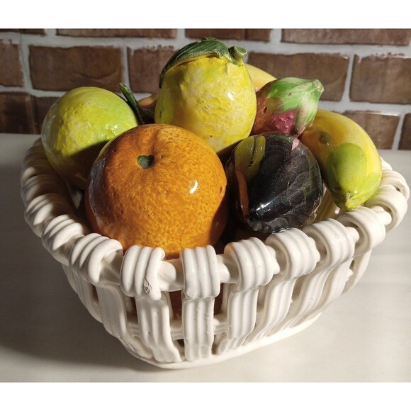 Vintage Ceramic Art Pottery Basket Of Fruit Made In Spain